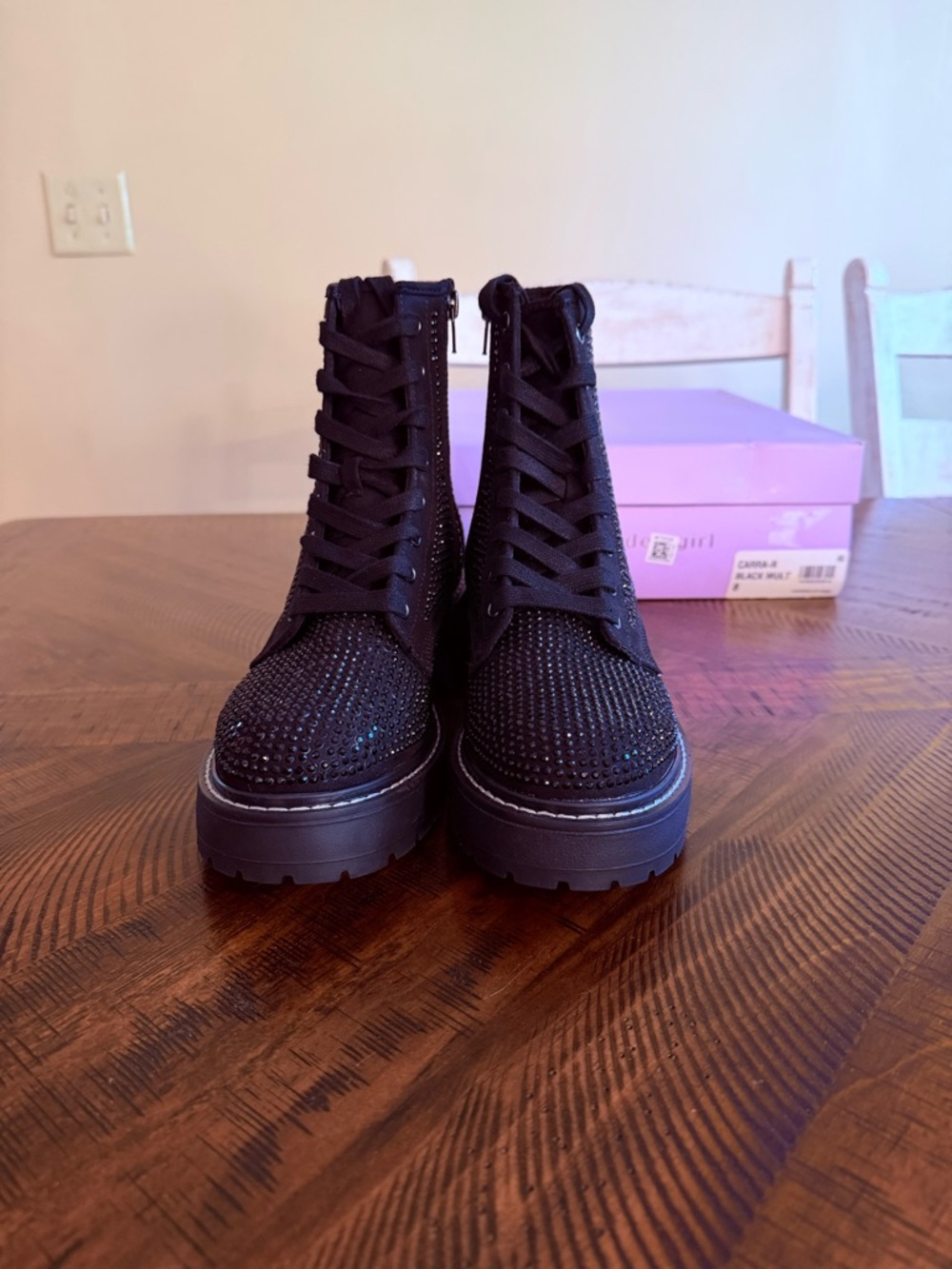 Madden Girl Sparkle Sequin Black Studded Combat Boots Lug Sole — NEW IN BOX - Picture 7 of 12